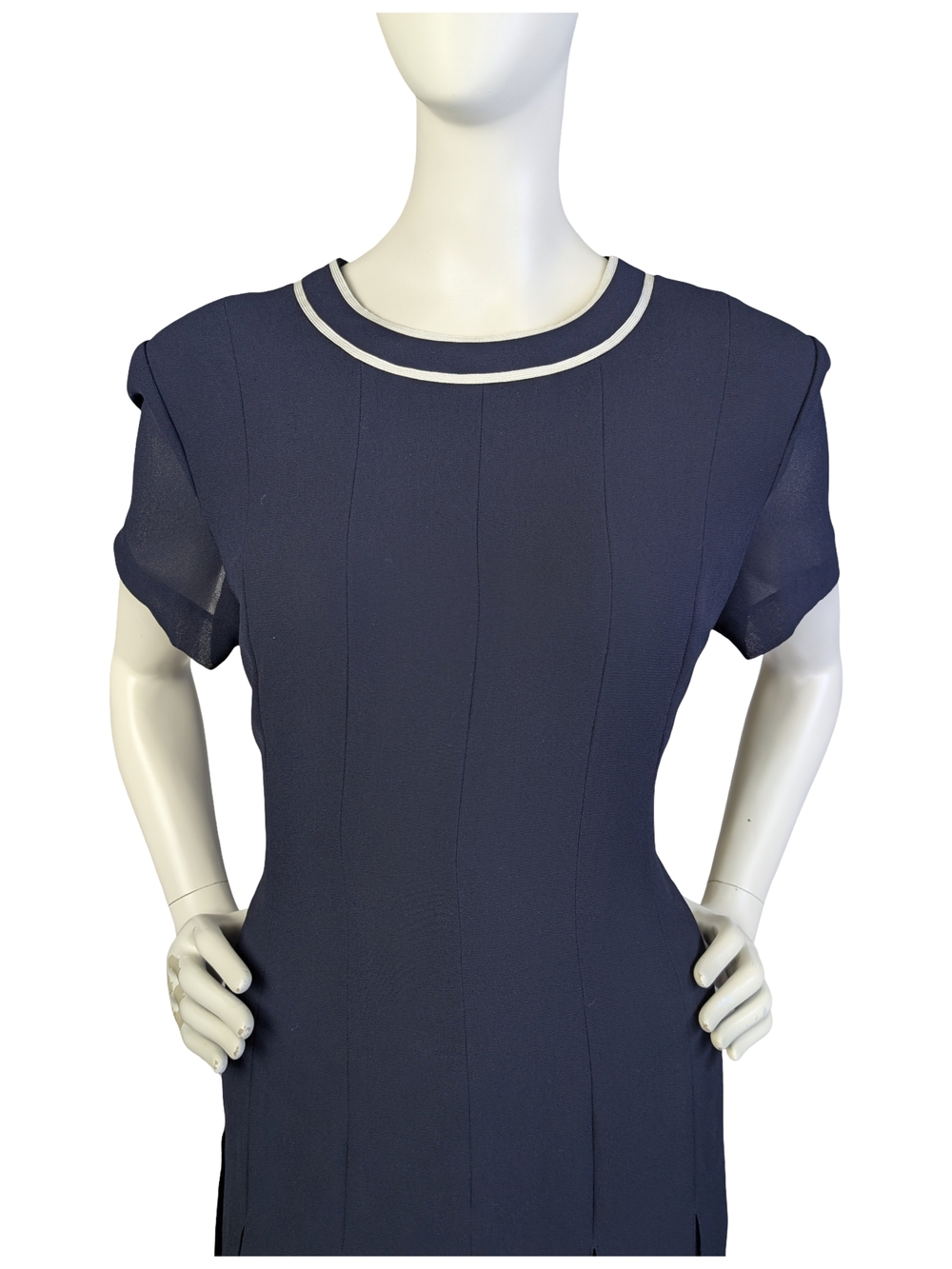 Vintage 90s Navy Pleated Dress Sheer Sleeves | Preppy Grunge Academia | Size 12 - Picture 5 of 10